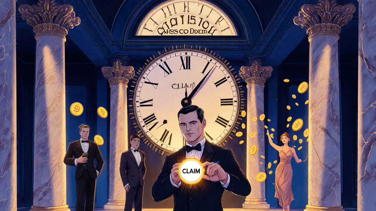 1920s-inspired blockchain banking hall with a user claiming QBT before a deadline