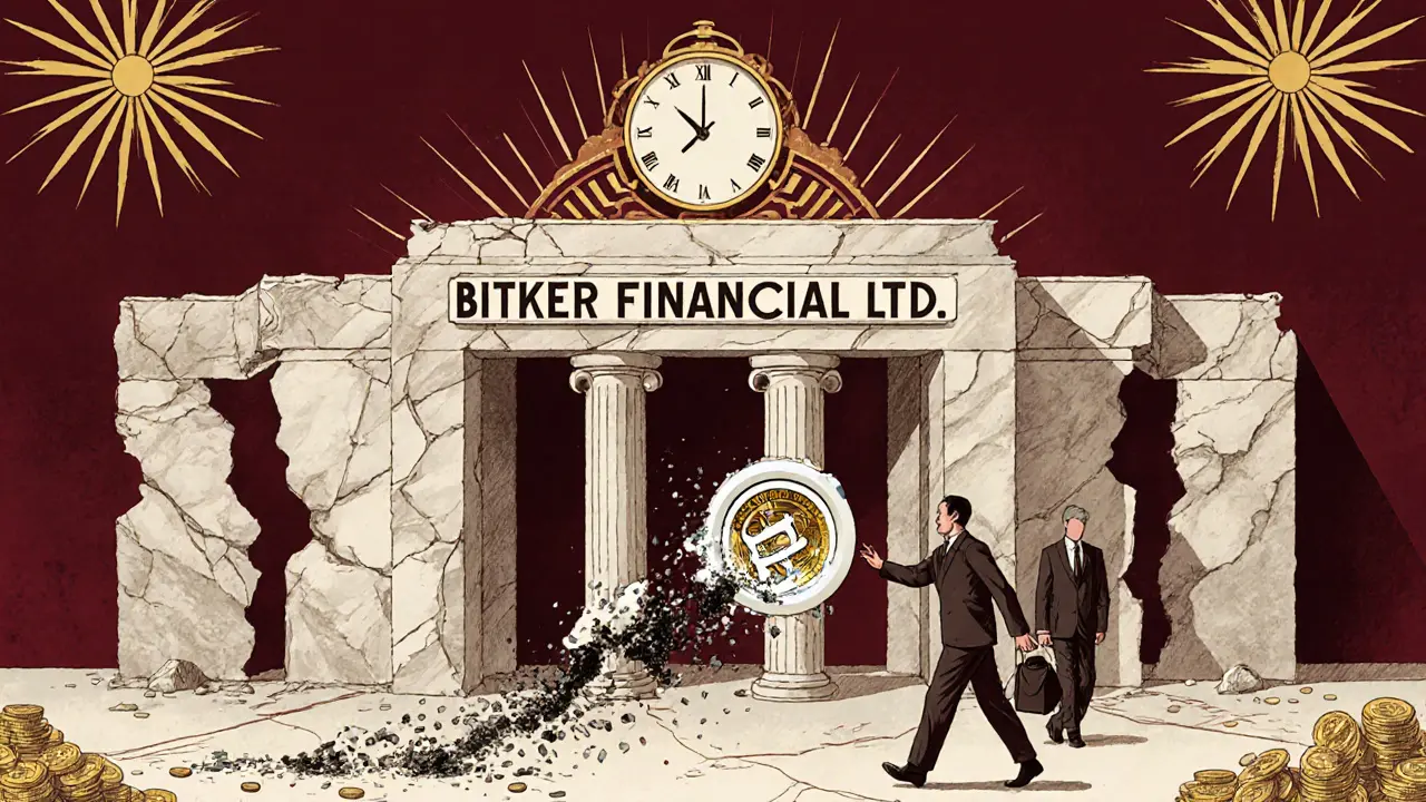 A crumbling building labeled &#039;BITKER FINANCIAL LTD.&#039; with peeling licenses as a victim watches their withdrawal button turn to ash.