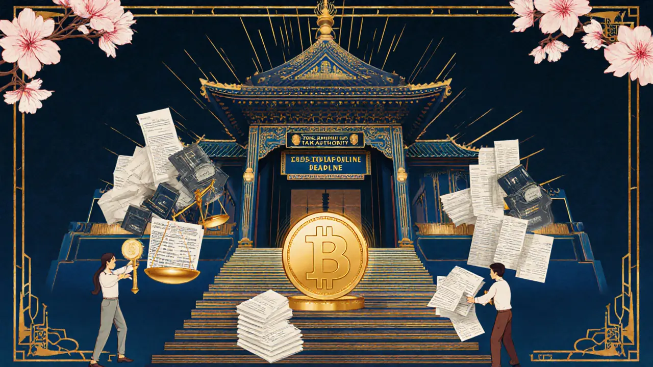 A grand tax temple built from blockchain blocks, citizens climbing with receipts as a 2026 deadline looms above.