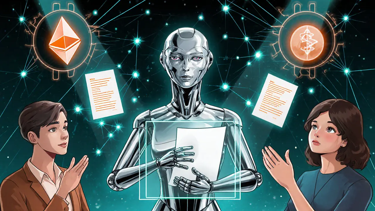 AI assistant analyzing blockchain proposals as humans delegate votes, reputation points glowing, cross-chain networks in background.