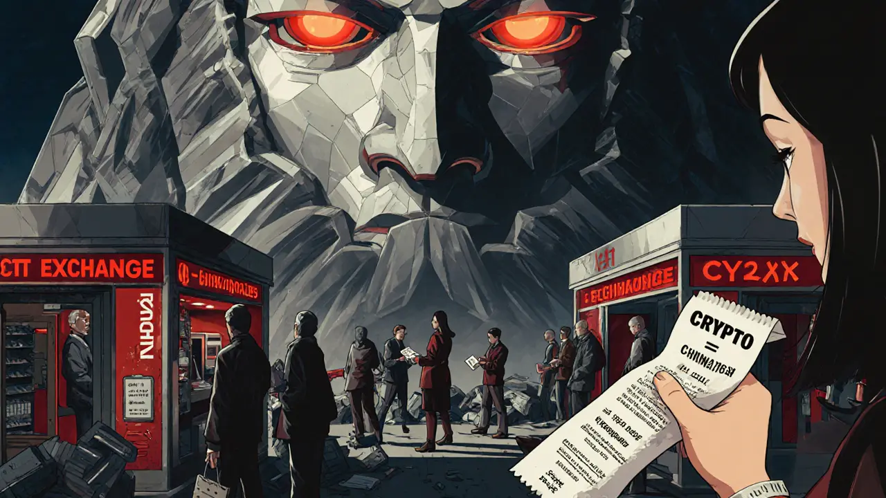 Crowds at bank branches under giant digital ruble statue, crypto exchanges in ruins.