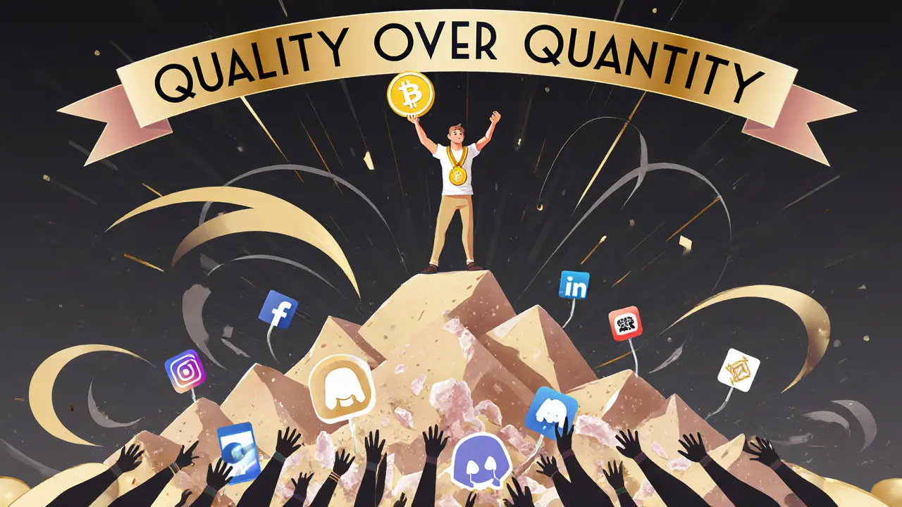 Early adopter holding QBT token above crumbling social media symbols in Art Deco style