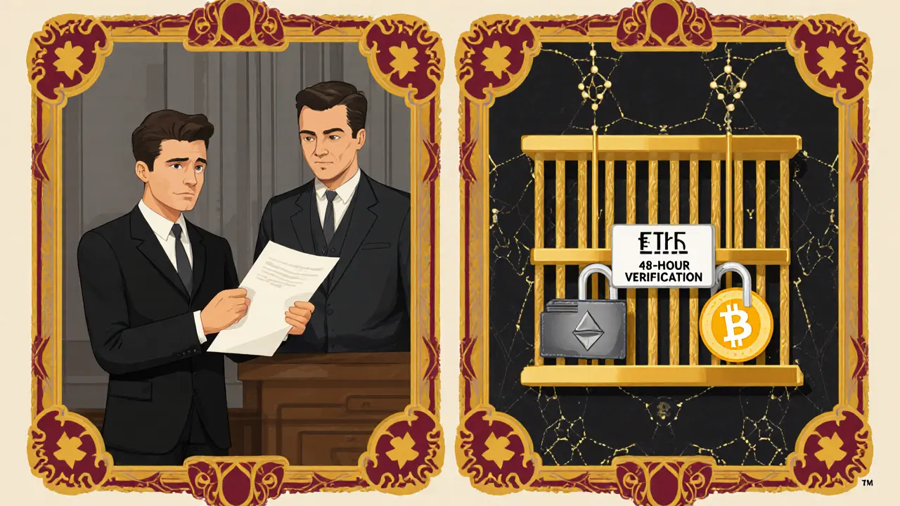 Freelancer submitting crypto paperwork to bank clerk, with wallet locked in golden cage.