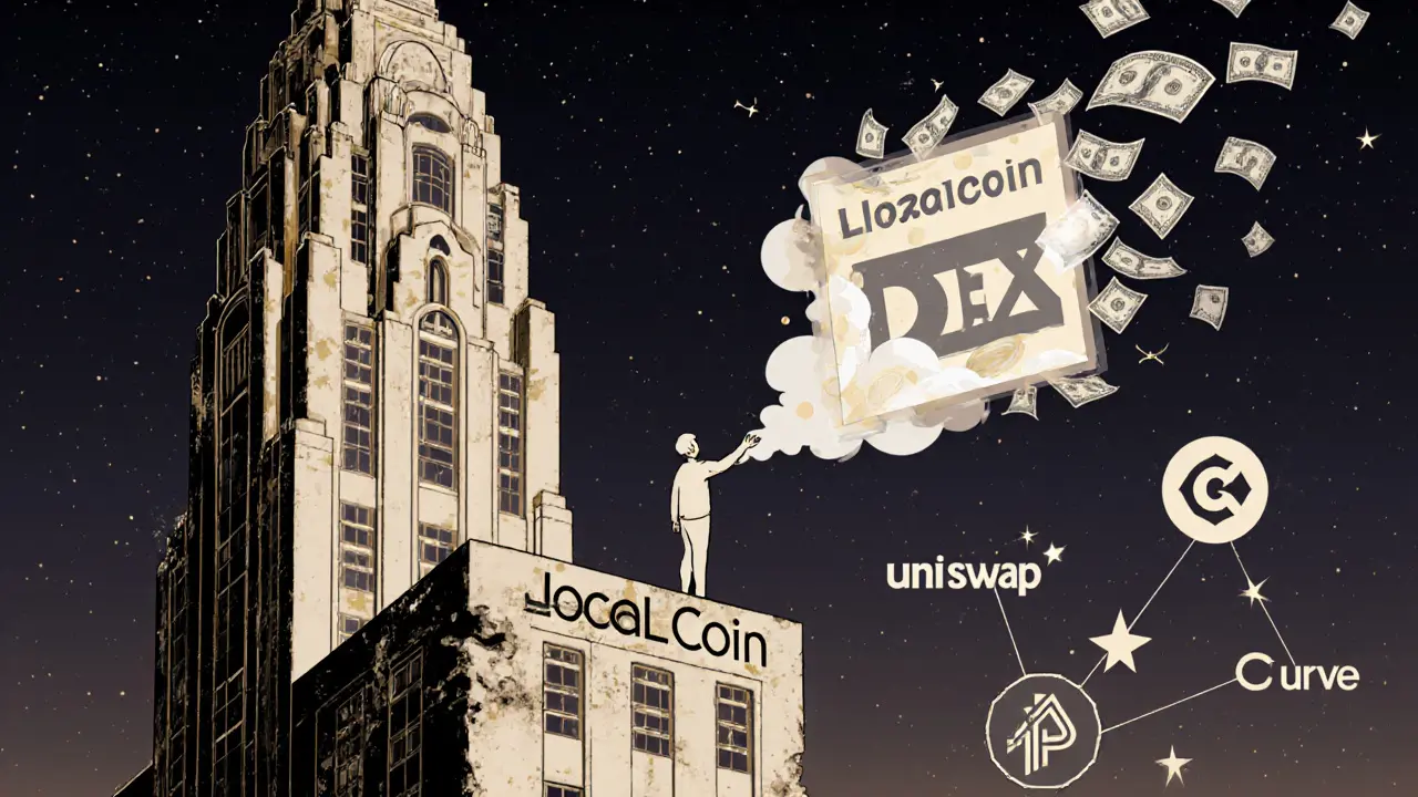 Investor reaching for a fading scam ad while real DEXs glow like stars above a crumbling former exchange building.