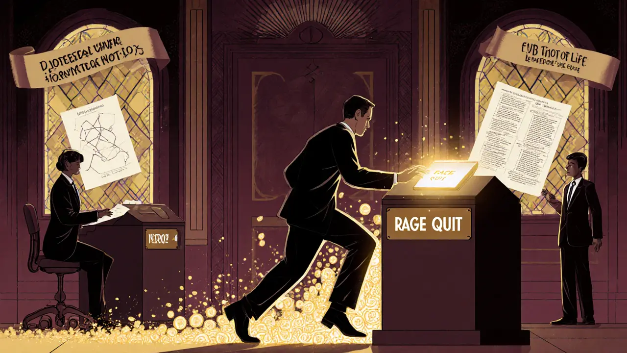 Member activating &#039;Rage Quit&#039; as tokens dissolve, AI and legal documents surrounding them in elegant Art Deco setting.
