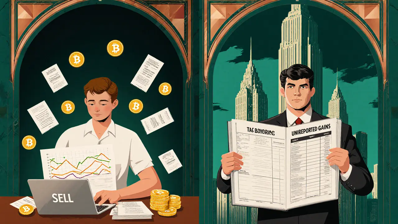 Split scene: casual crypto trader on left, same person in court facing a giant tax bill on right, Art Deco style.