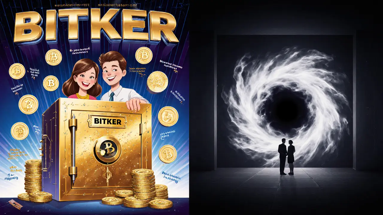 Split scene: happy depositors on one side, same people watching their money vanish into a black hole labeled &#039;Tornado Cash&#039; on the other.