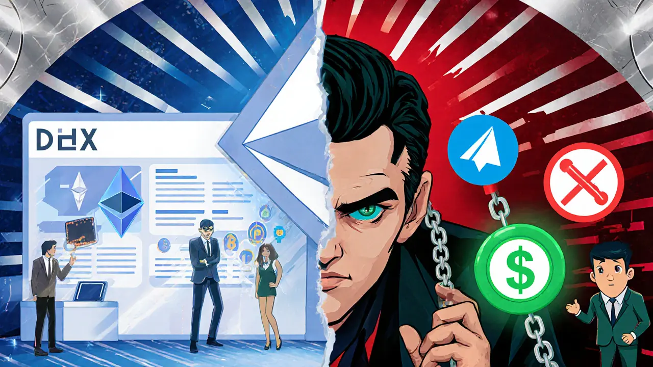 Split-screen Art Deco ad contrasting real DEXs with scam interfaces, using color to show truth versus deception.