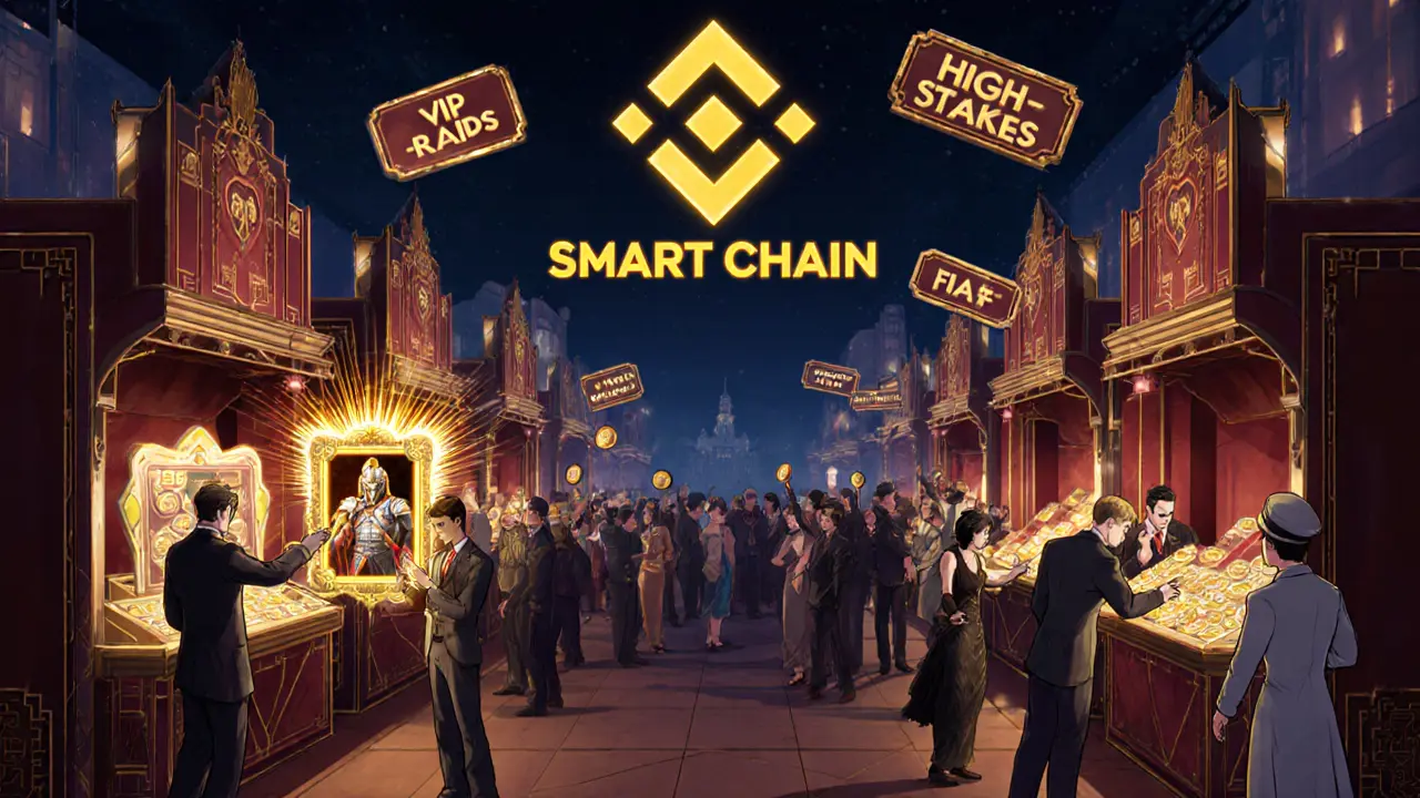 1920s-inspired marketplace where players trade Genesis NFTs and a Tesla, set in a geometric crypto bazaar.