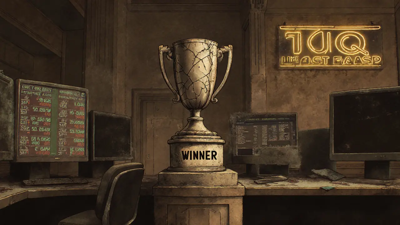 A broken trophy labeled &#039;WINNER&#039; in an empty trading floor with flickering &#039;1IQ&#039; neon sign.