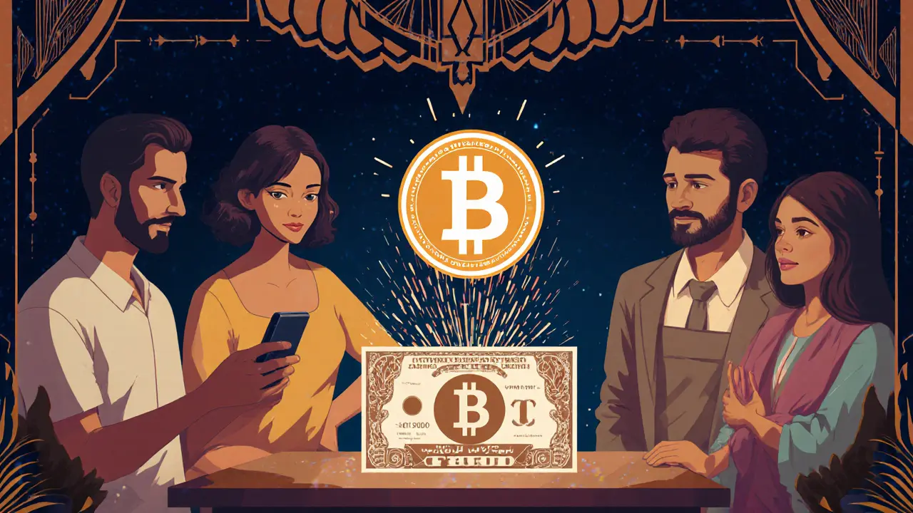 A family using a licensed crypto app as dinars transform into digital sparks on a kitchen table.