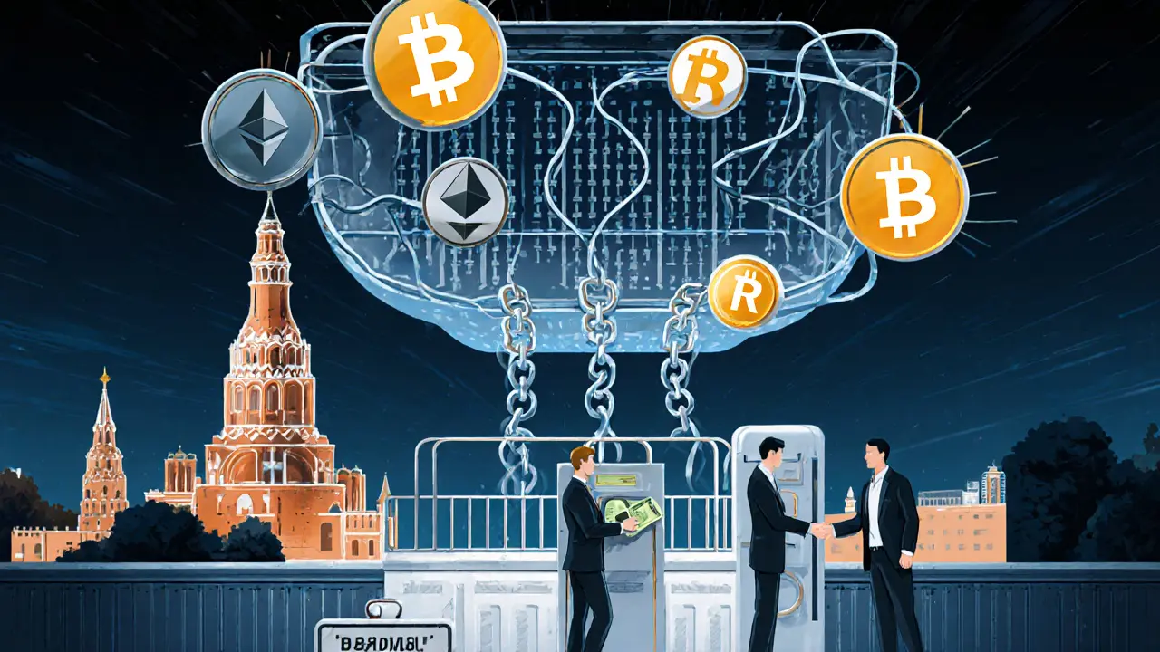 A glowing digital ledger above the Kremlin with crypto symbols flowing, while citizens are barred behind a wall.