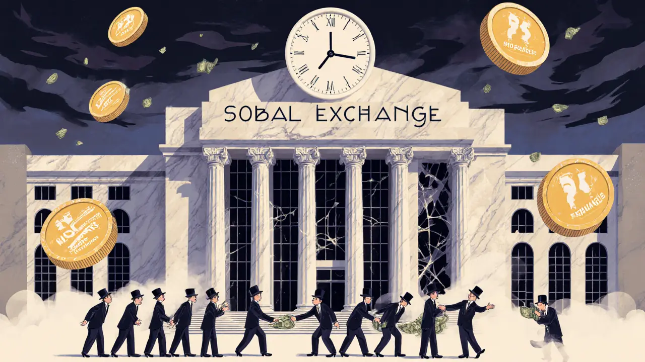 A grand but ruined Sobal Exchange building with dark windows, people losing money to vanishing agents under a broken clock.