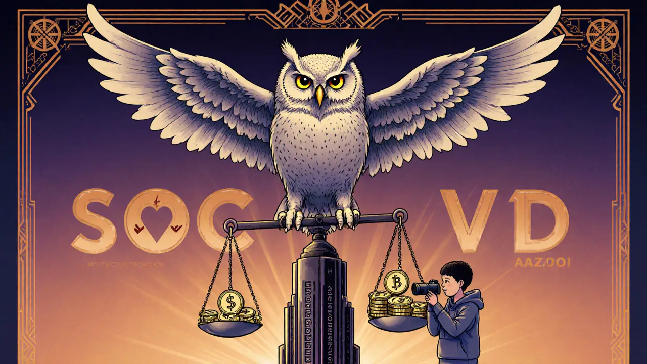 A mechanical owl balances VDR tokens against ad revenue on a Solana tower, symbolizing fair creator payments.