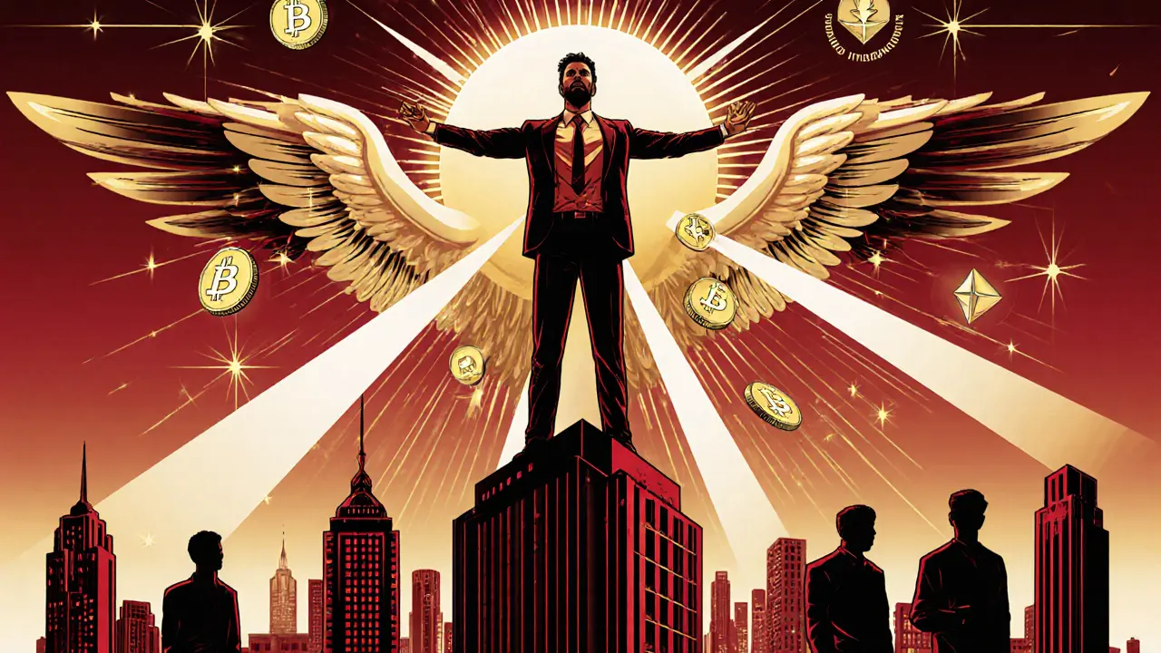 An entrepreneur in Amman stands atop a building as crypto coins radiate around them, symbolizing innovation.