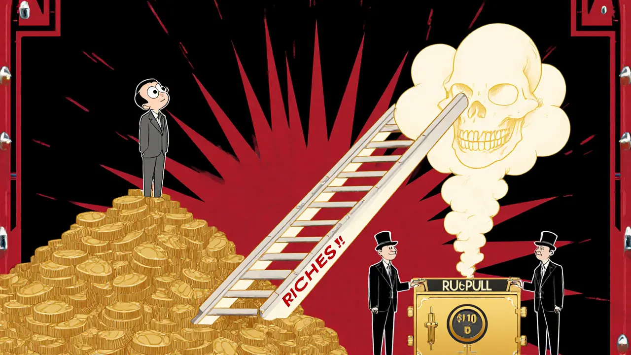 An investor on a pile of IQ tokens staring at a ladder shaped like a skull, in vintage advertising style.