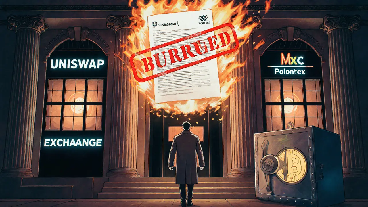 An ornate exchange building with a burned contract seal glowing above it in Art Deco design.