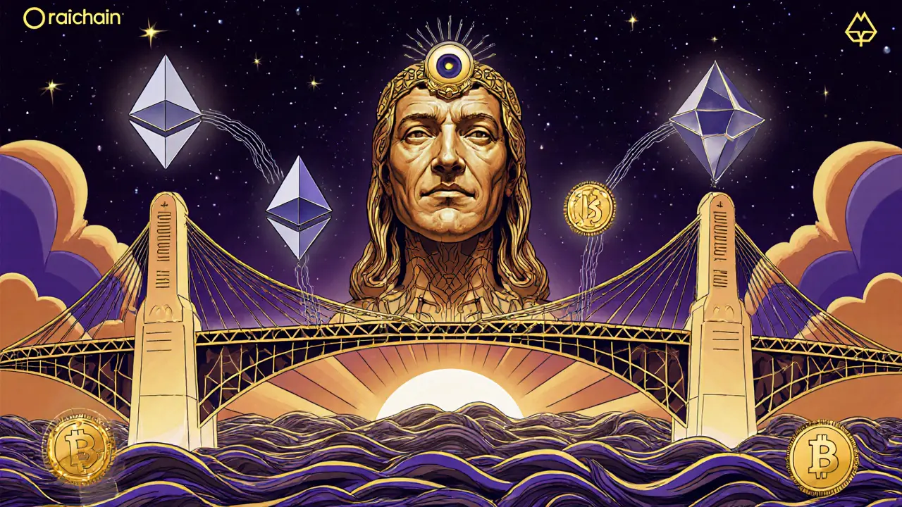 Art Deco poster showing a glowing cross-chain bridge connecting blockchains with an AI oracle statue overseeing data flow.