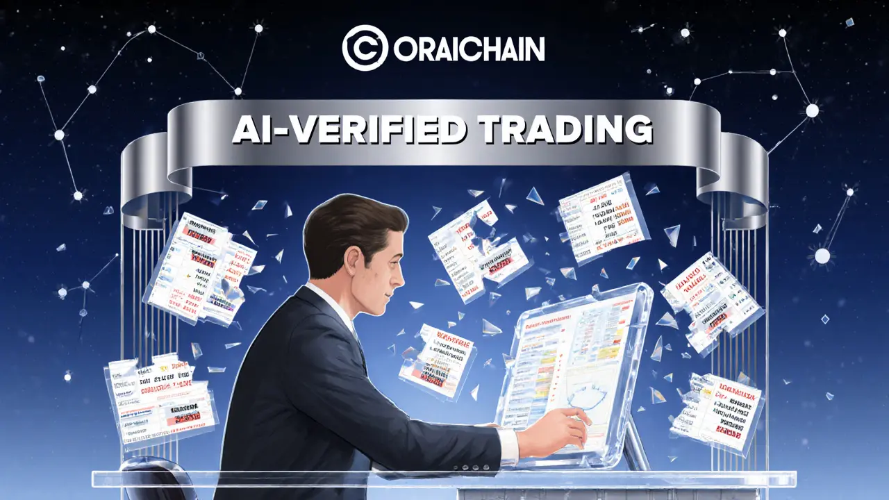 Art Deco scene of an investor reviewing AI market alerts as failed price feeds shatter into data shards.