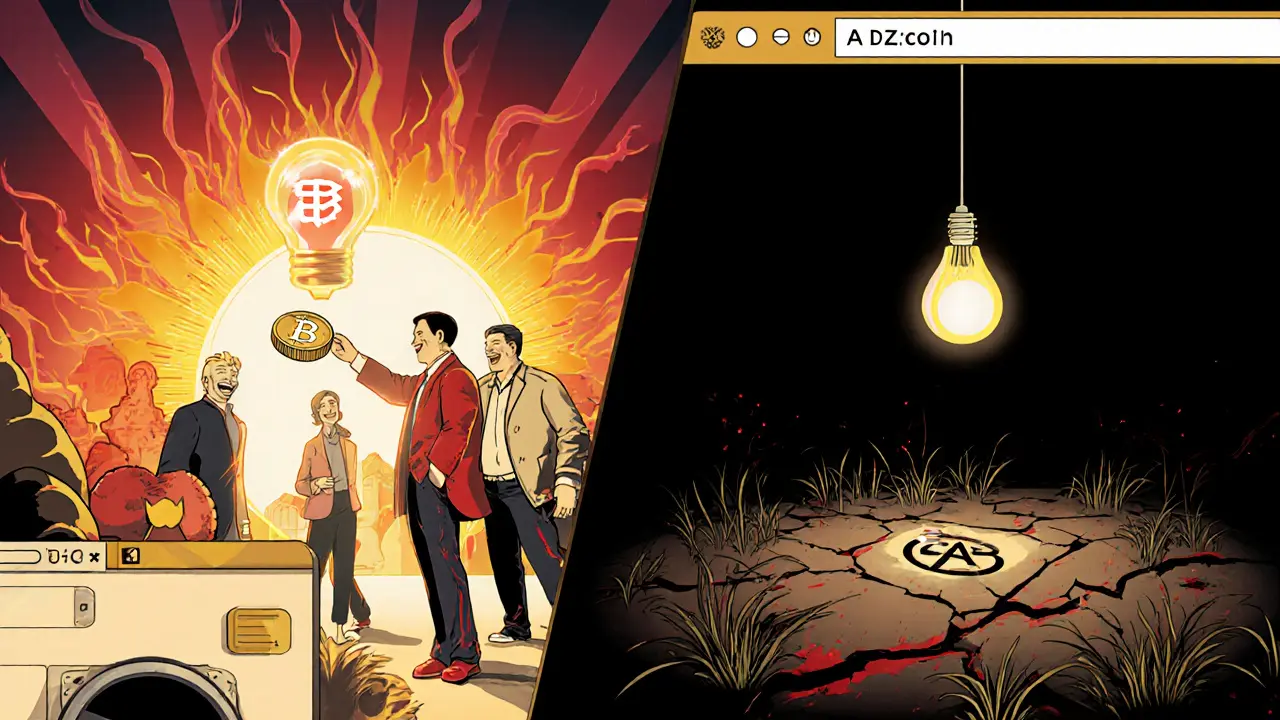 Contrasting scene: thriving BAT ecosystem vs. dead ADZcoin void with a broken website.