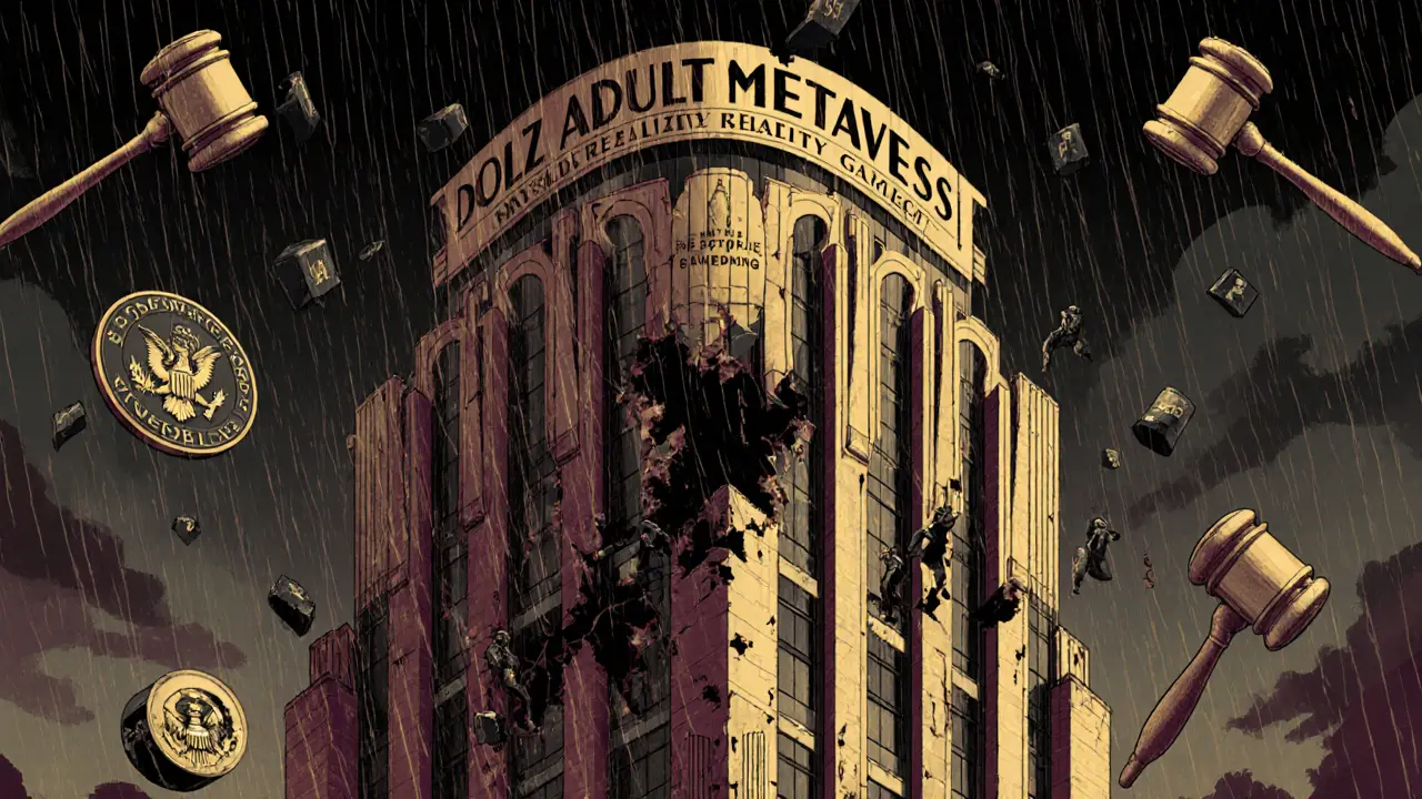 Crumbling DOLZ skyscraper under regulatory gavels, NFTs turning to ash.