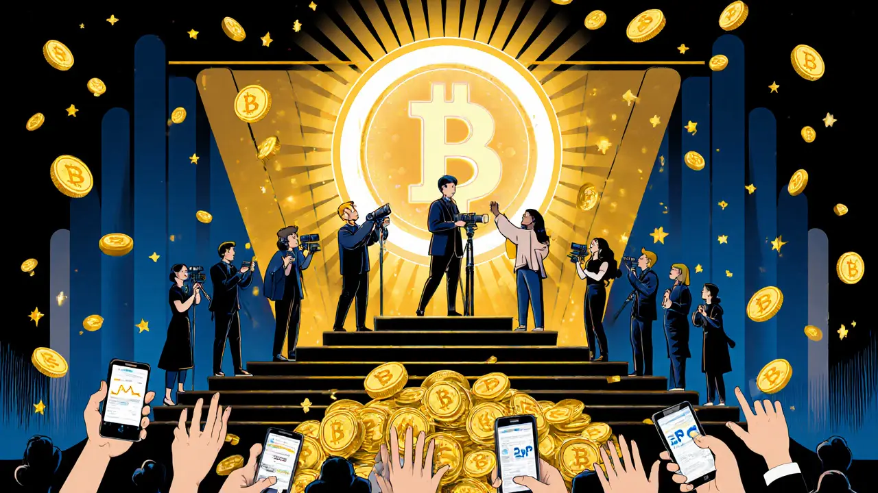 Diverse creators ascending a crypto-symbol staircase toward a glowing VDR token, with CoinMarketCap emblem above.