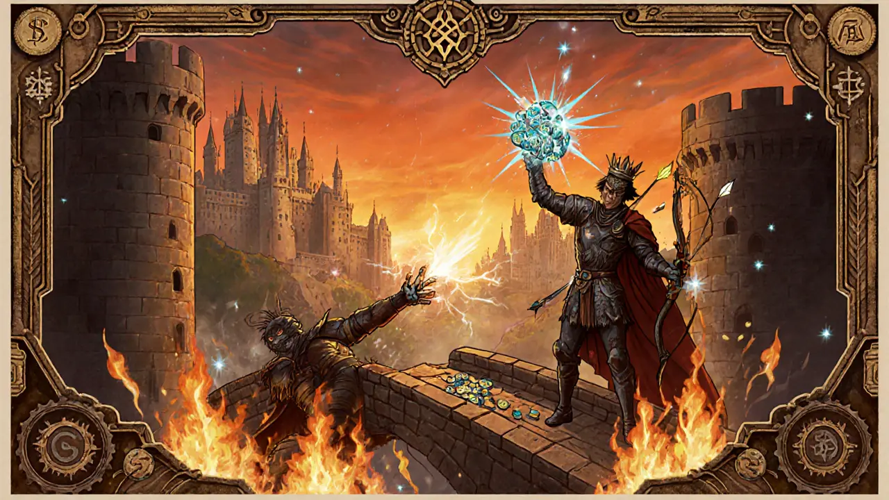 Dramatic castle siege with warriors clashing, dropping tokens, as seven ancient castles glow in the distance.