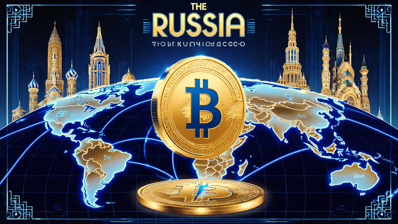 Global trade map with Russian crypto routes glowing, connecting to Asia, while Western banks crumble in background.