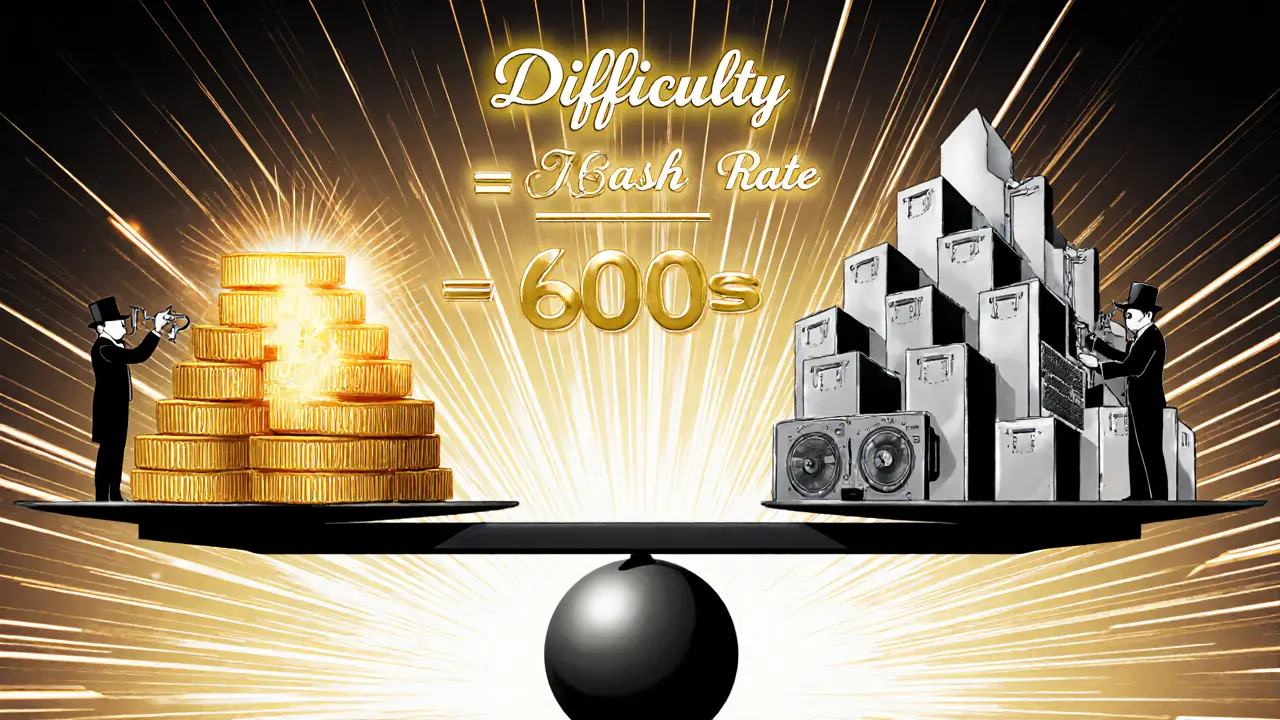 Golden balance scale with Bitcoin blocks and ASIC miners, balanced by mathematical formula.