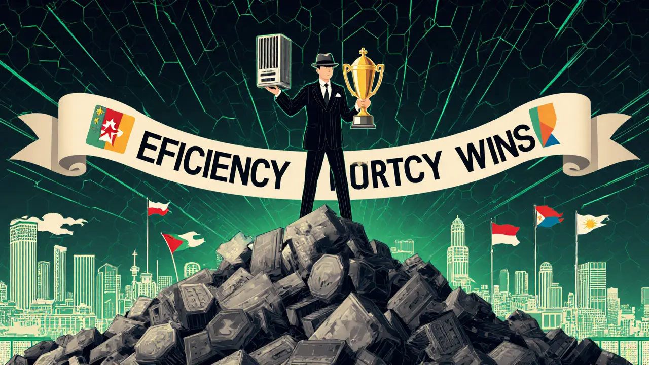 Miner standing on discarded hardware, holding new ASIC as mining farms glow below.