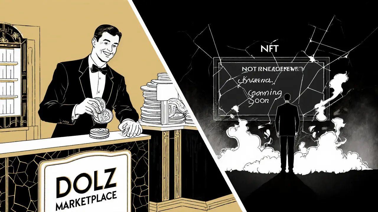 Split image: investor gaining DOLZ tokens then watching them vanish into smoke.