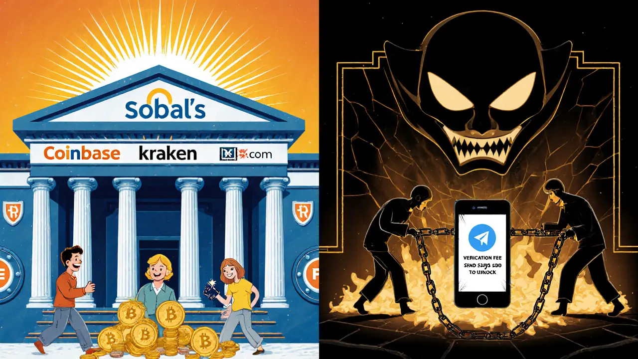 Split scene: trusted exchanges with secure coins on one side, Sobal&#039;s scam turning coins to ash on the other.