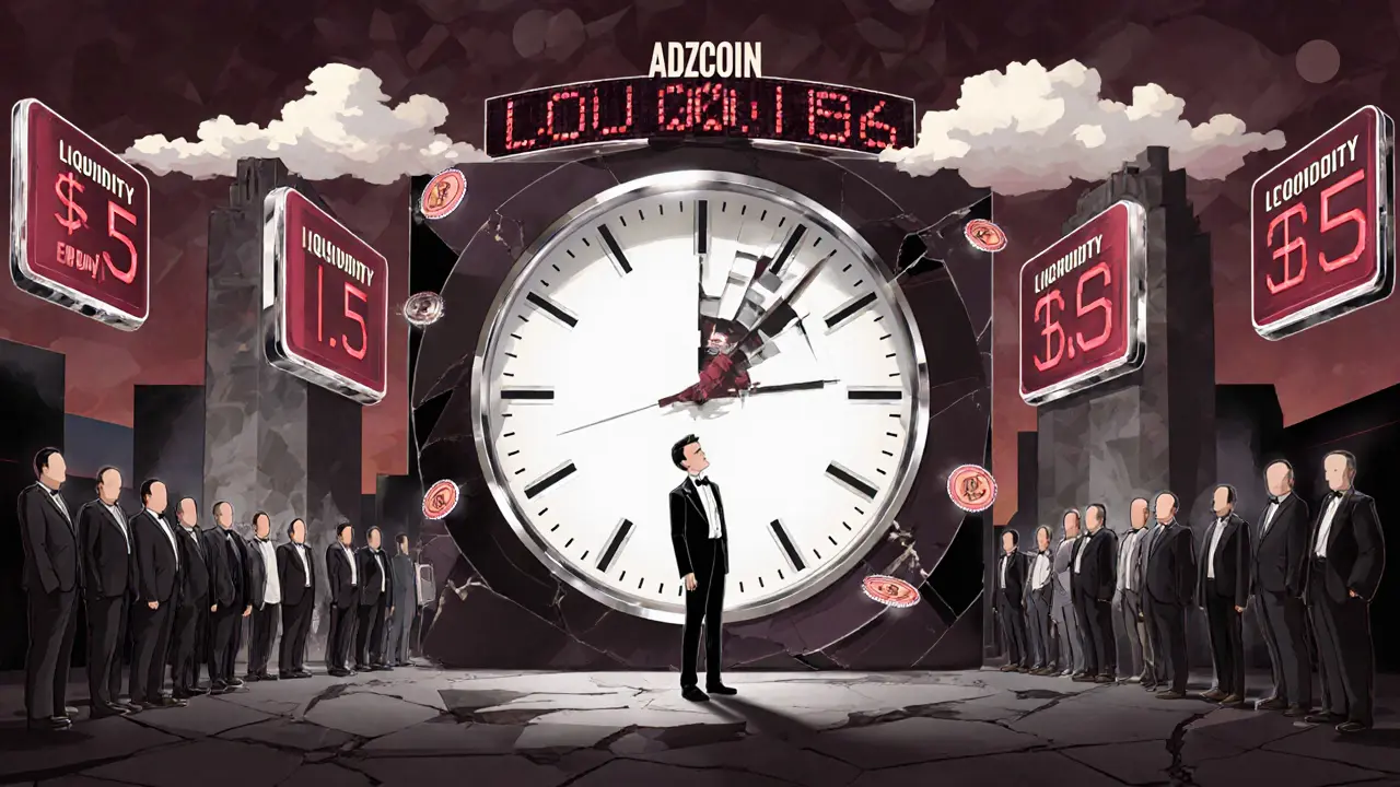Surreal marketplace with a trader selling one ADZcoin to empty crowds under flickering price tags.