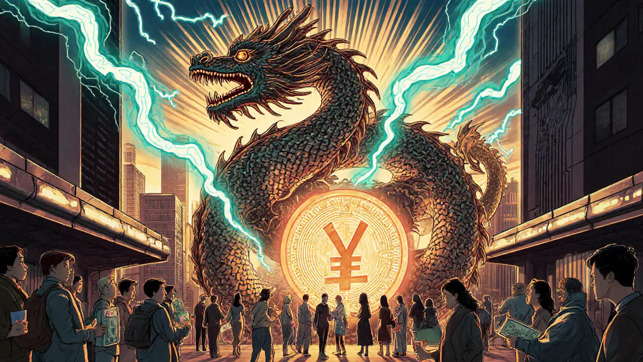 A blockchain dragon coils around a digital yuan coin as citizens trade cash in alleyways beneath a neon VPN sky.