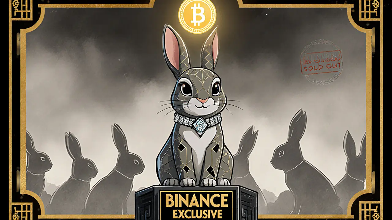 A golden KAKA-rabbit NFT stands alone as 9,999 faded rabbits vanish into mist.