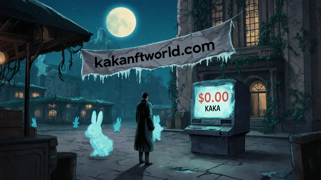A lone figure faces a <h2>Where to Claim Your KAKA Airdrop</h2>.00 token display in a deserted digital metaverse.