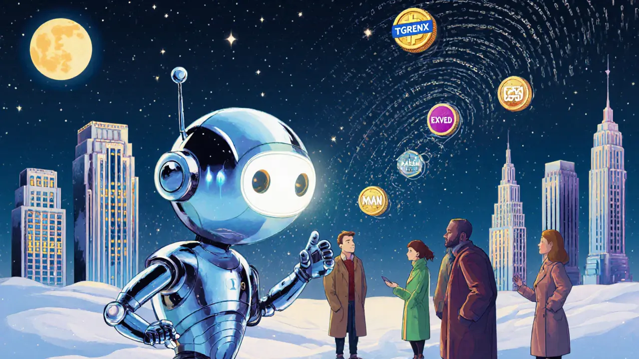 A sleek Telegram bot guiding Russian users with glowing digital coins rising into hidden exchange towers.