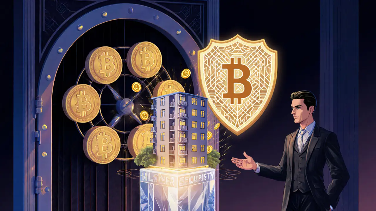 A vault opens to reveal a glowing real estate NFT with USDT coins floating above, guarded by a geometric security shield.