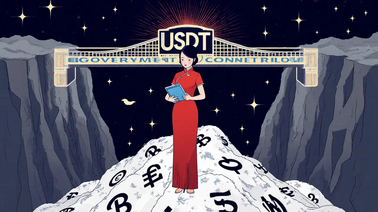 A woman holds a crypto wallet atop frozen bank accounts, standing on a bridge to freedom under Art Deco stars.
