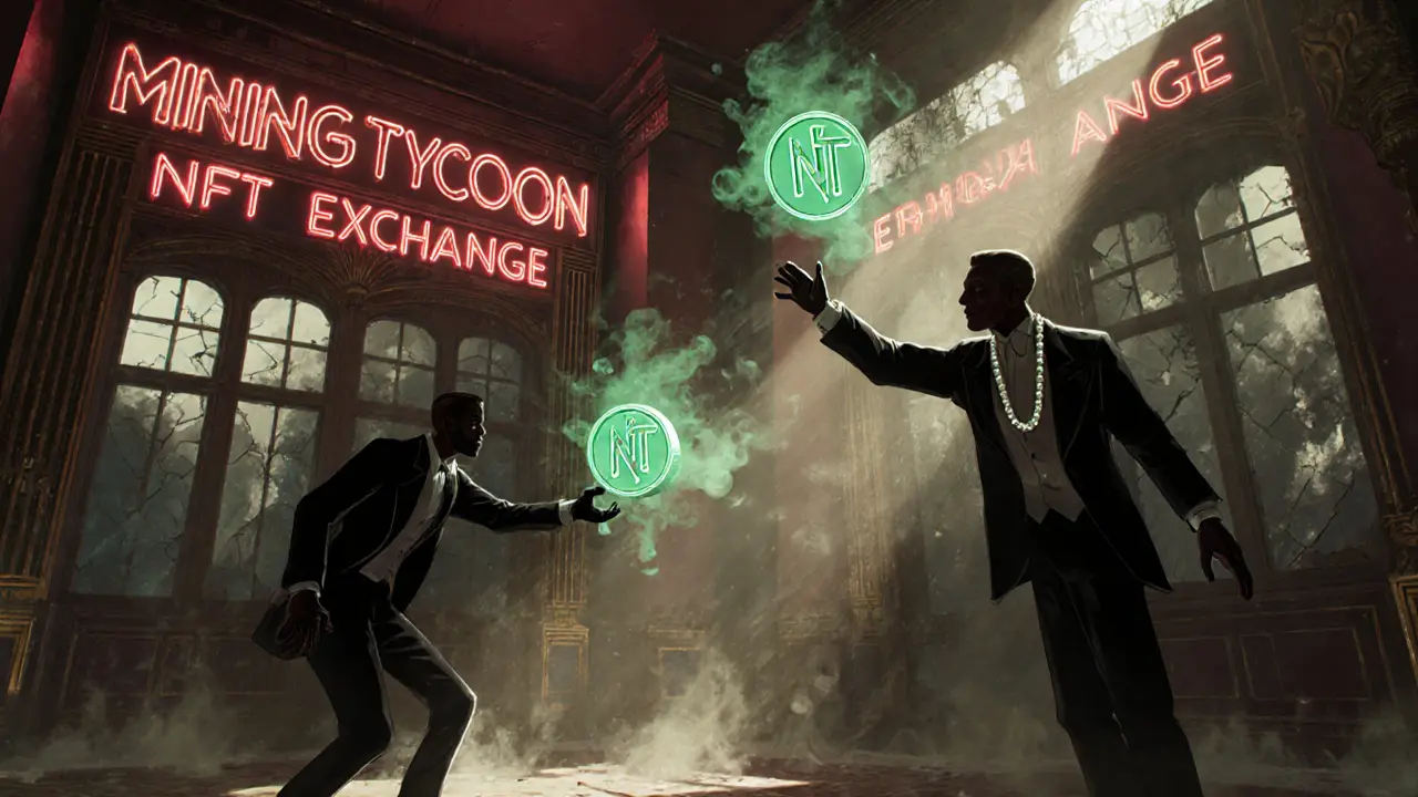 Abandoned arcade with ghostly NT tokens dissolving in dust, symbolizing a dead crypto project.