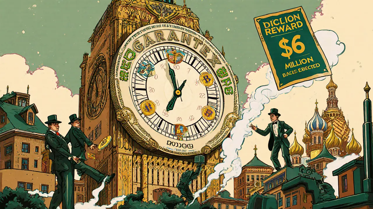 An ornate financial clocktower labeled Garantex Ecosystem ticking over a Russian city with law enforcement chasing disappearing trails.