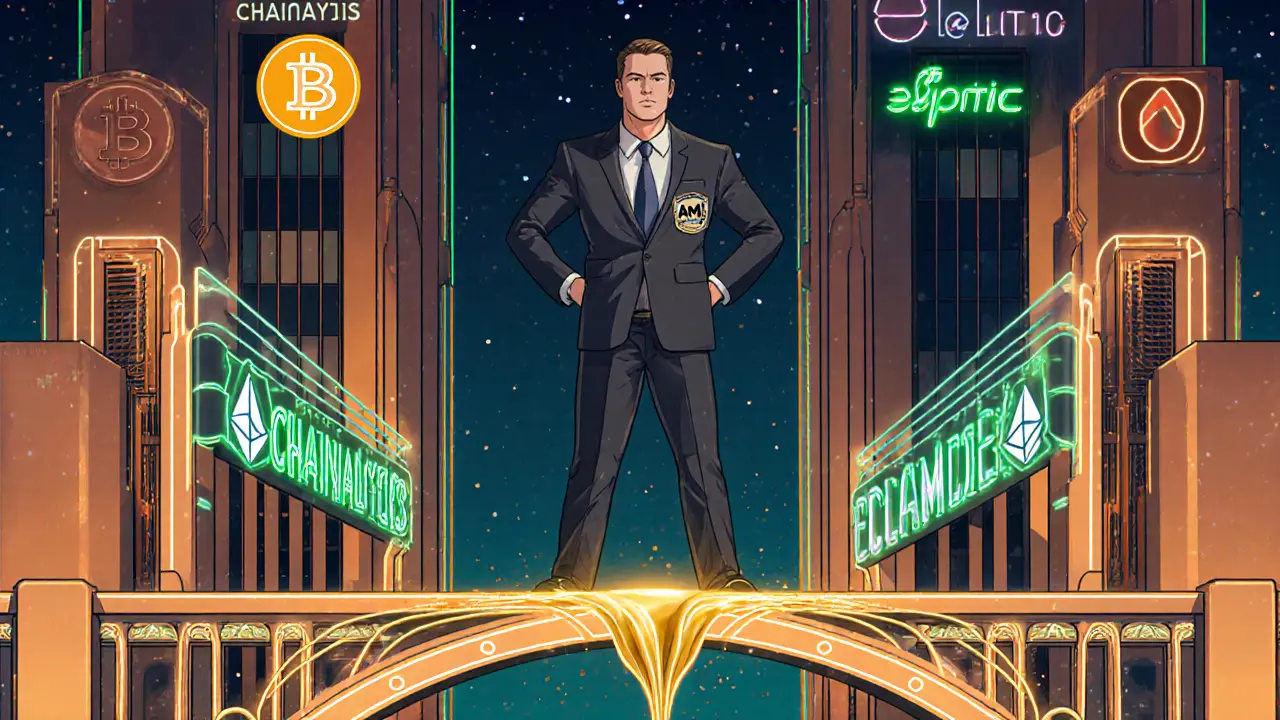 Compliance officer standing on a multi-chain bridge with glowing smart contracts and AML company skyscrapers in background.