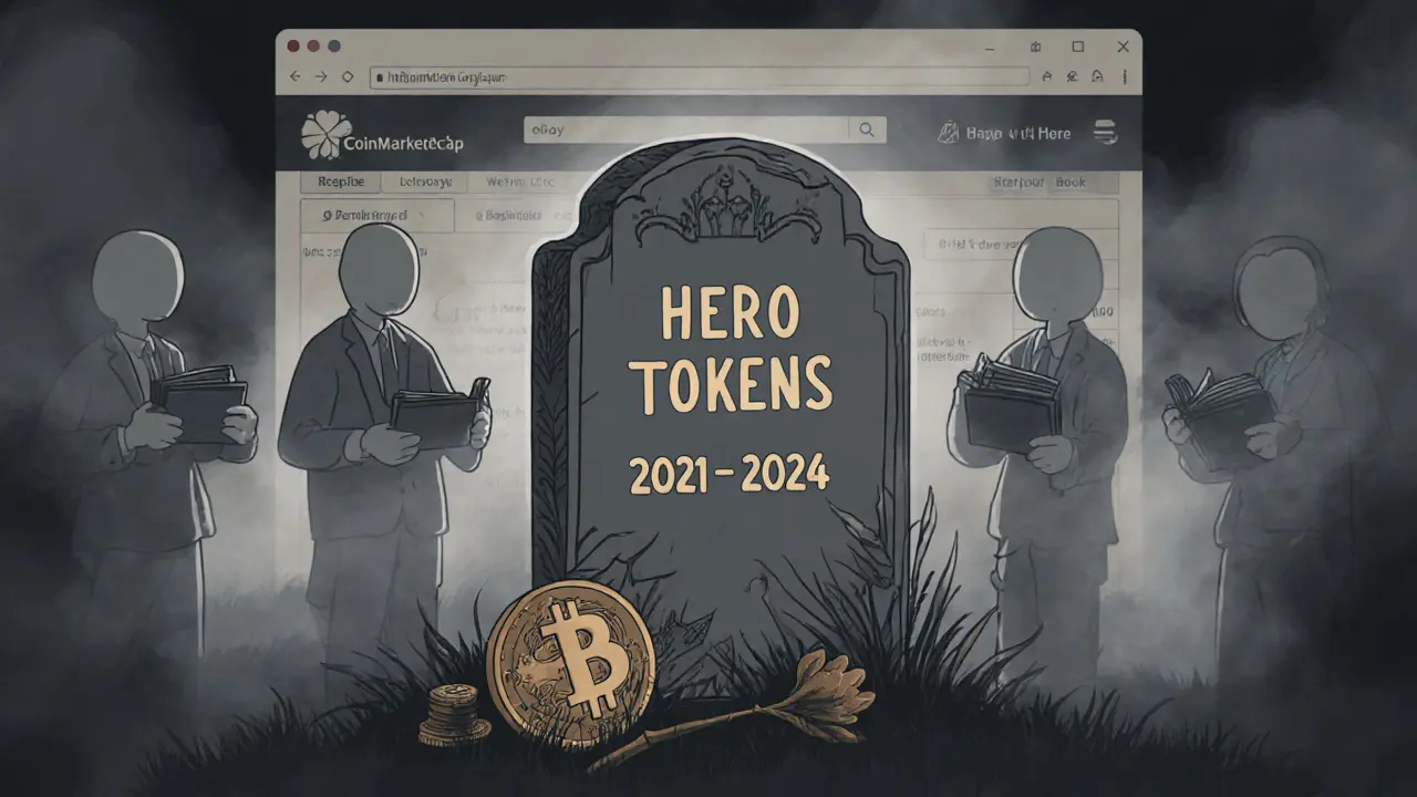 Elegant tombstone for HERO tokens with broken NFT tools and silent figures, fading website ghost in background.