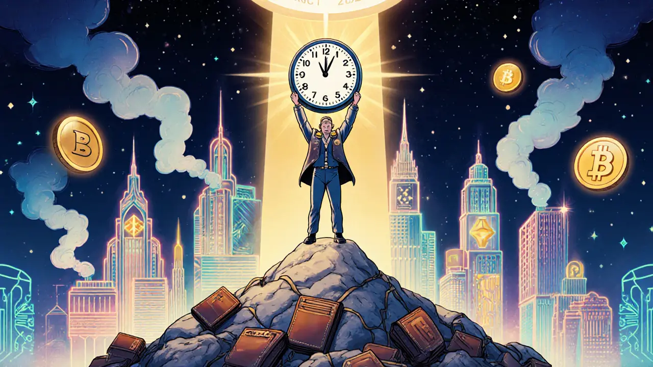 Heroic player standing atop discarded wallets, holding a PEARL token as light shines down from a clock marked October 31, 2025.