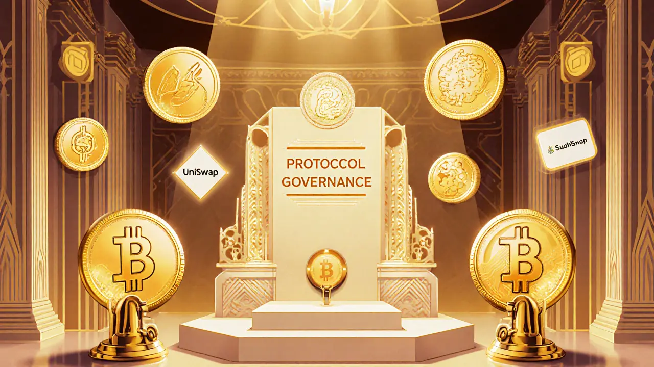 Holders voting with golden OLE tokens at a grand governance monument