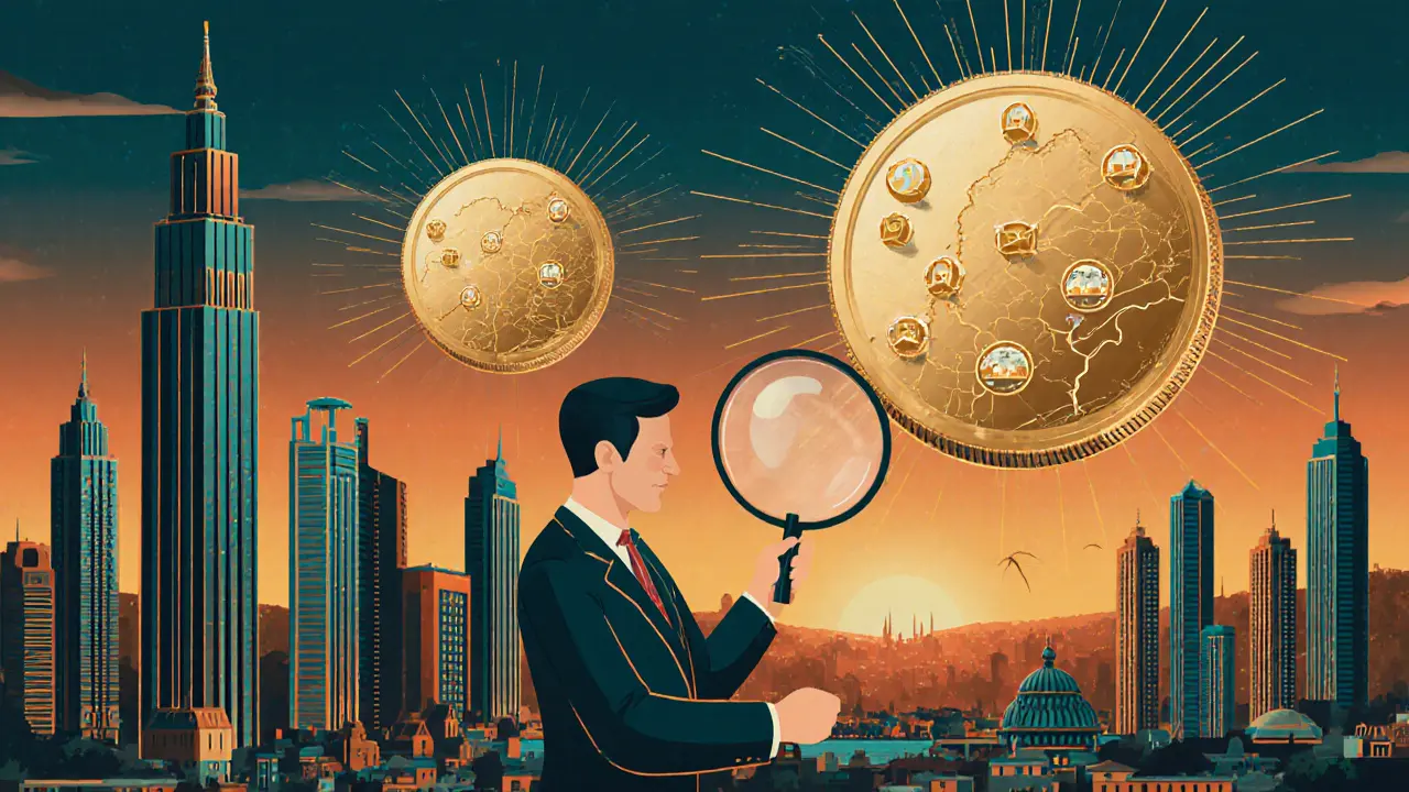 Istanbul skyline with floating NFT property tokens and a man examining a blockchain map under an Art Deco sunset.