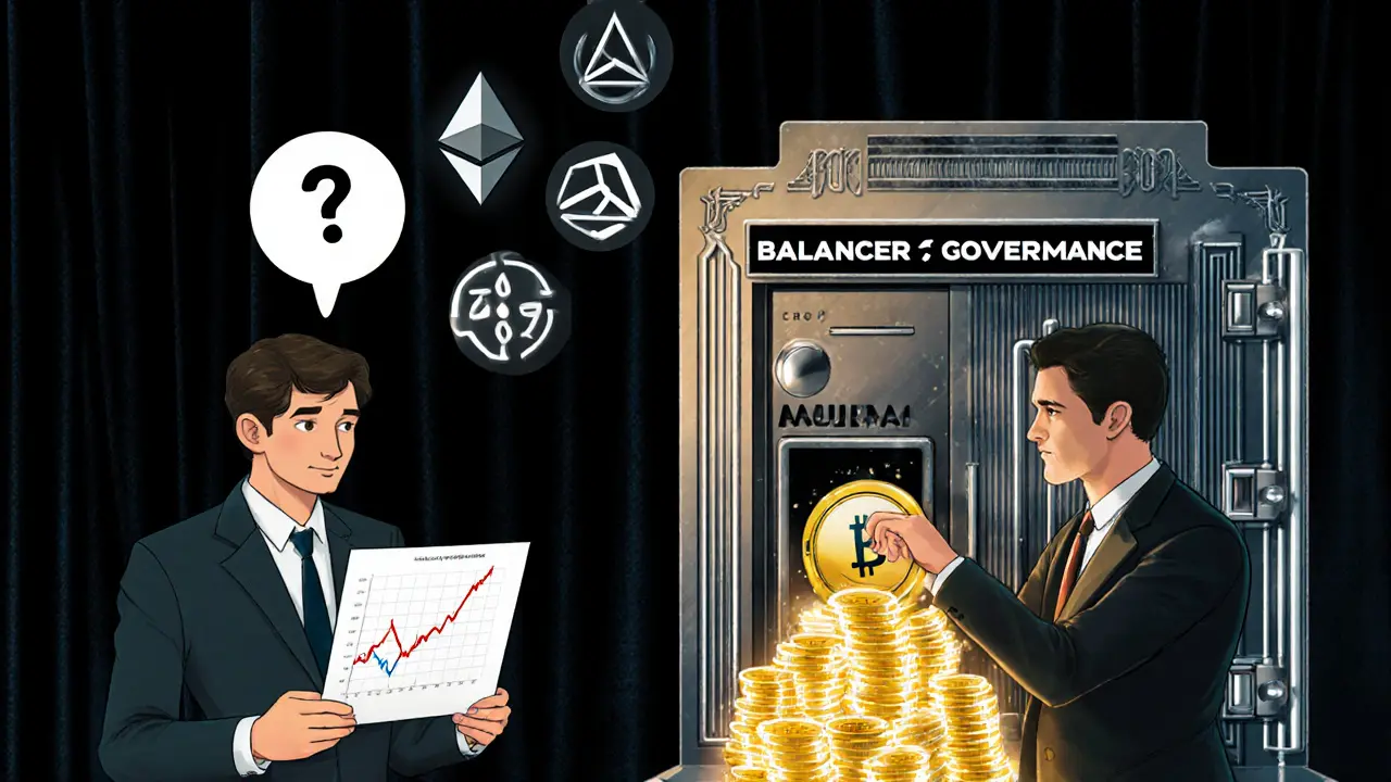 Split scene: confused beginner vs. expert unlocking governance rewards from a vault with cross-chain icons in background.