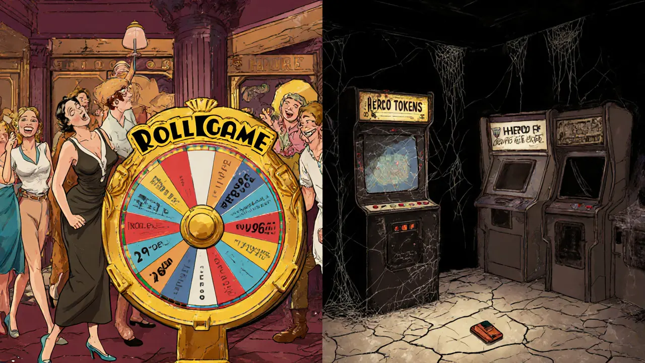 Split scene: lively crypto arcade on left, abandoned and dusty on right, symbolizing project decline.