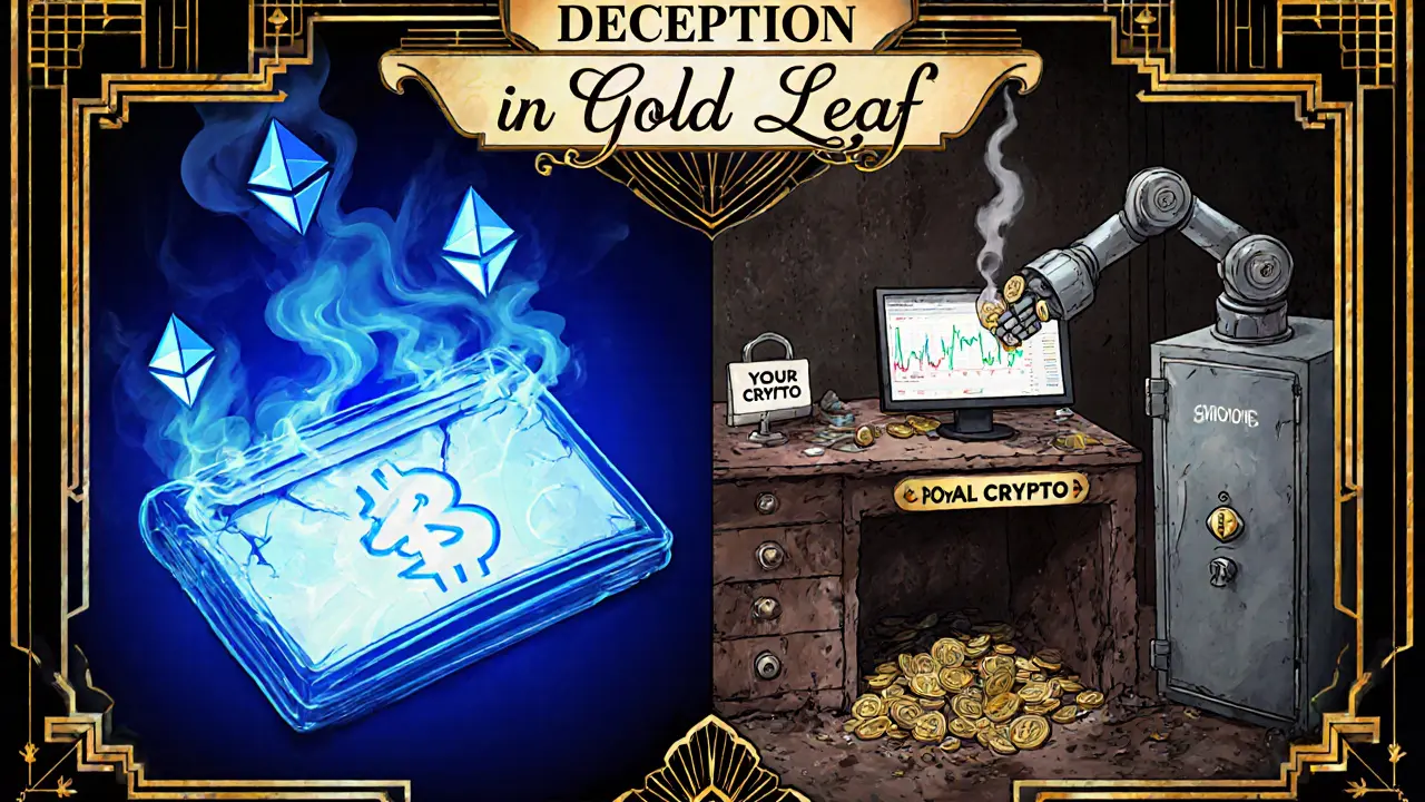 Split scene: real crypto exchange vs. fake Royal Exchange with crypto being destroyed