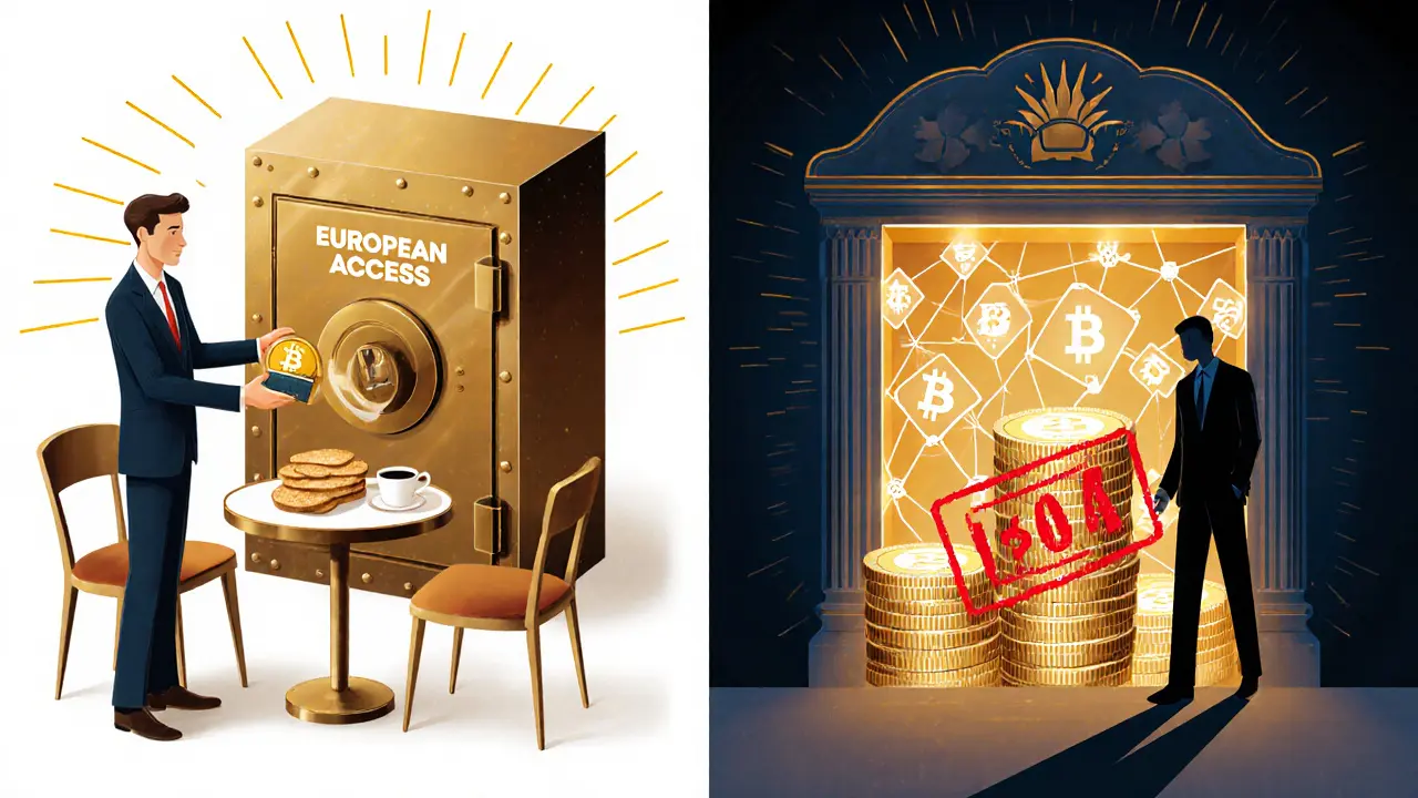 Split scene: small crypto transfer for daily expenses vs. large deposit taxed at 15%, with EU financial icons glowing in background.